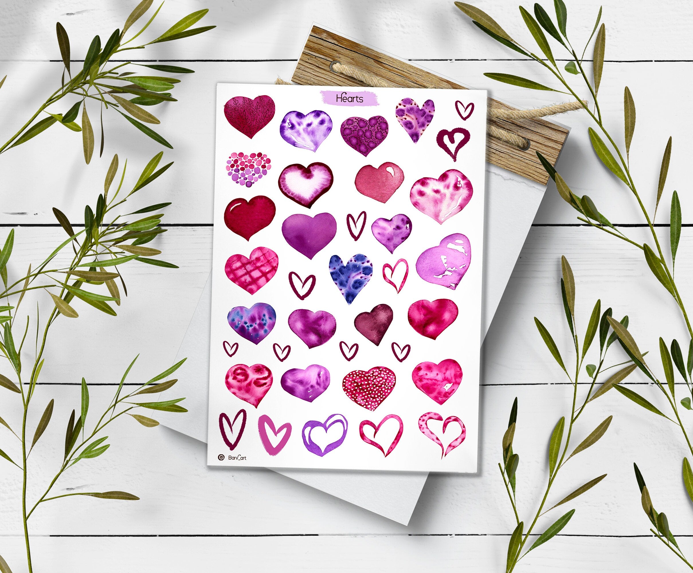 Watercolor Hearts Sticker Sheet: Planner, Journal, Scrapbook