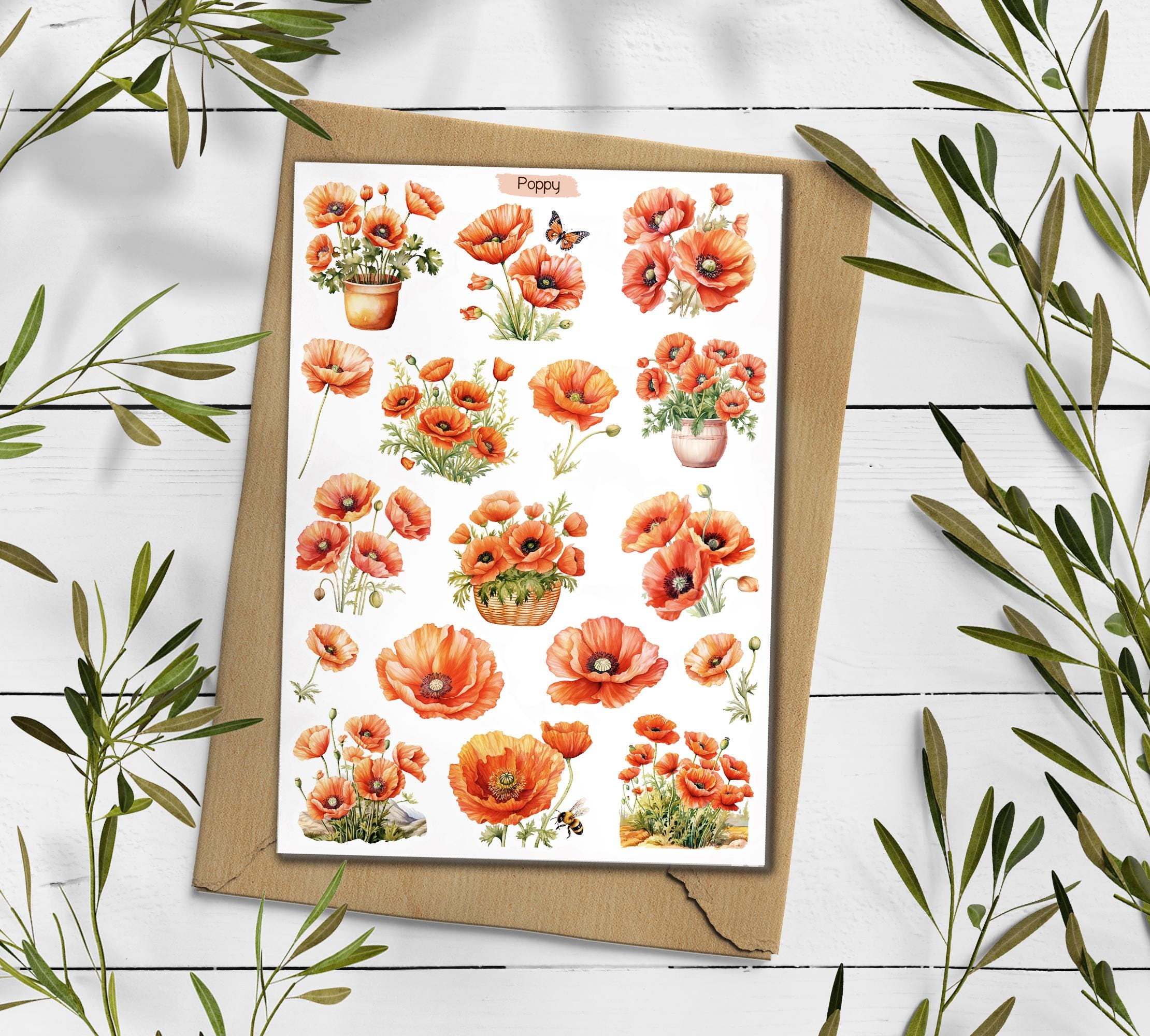 Red Poppy Stickers: Wildflower Scrapbooking Stickers