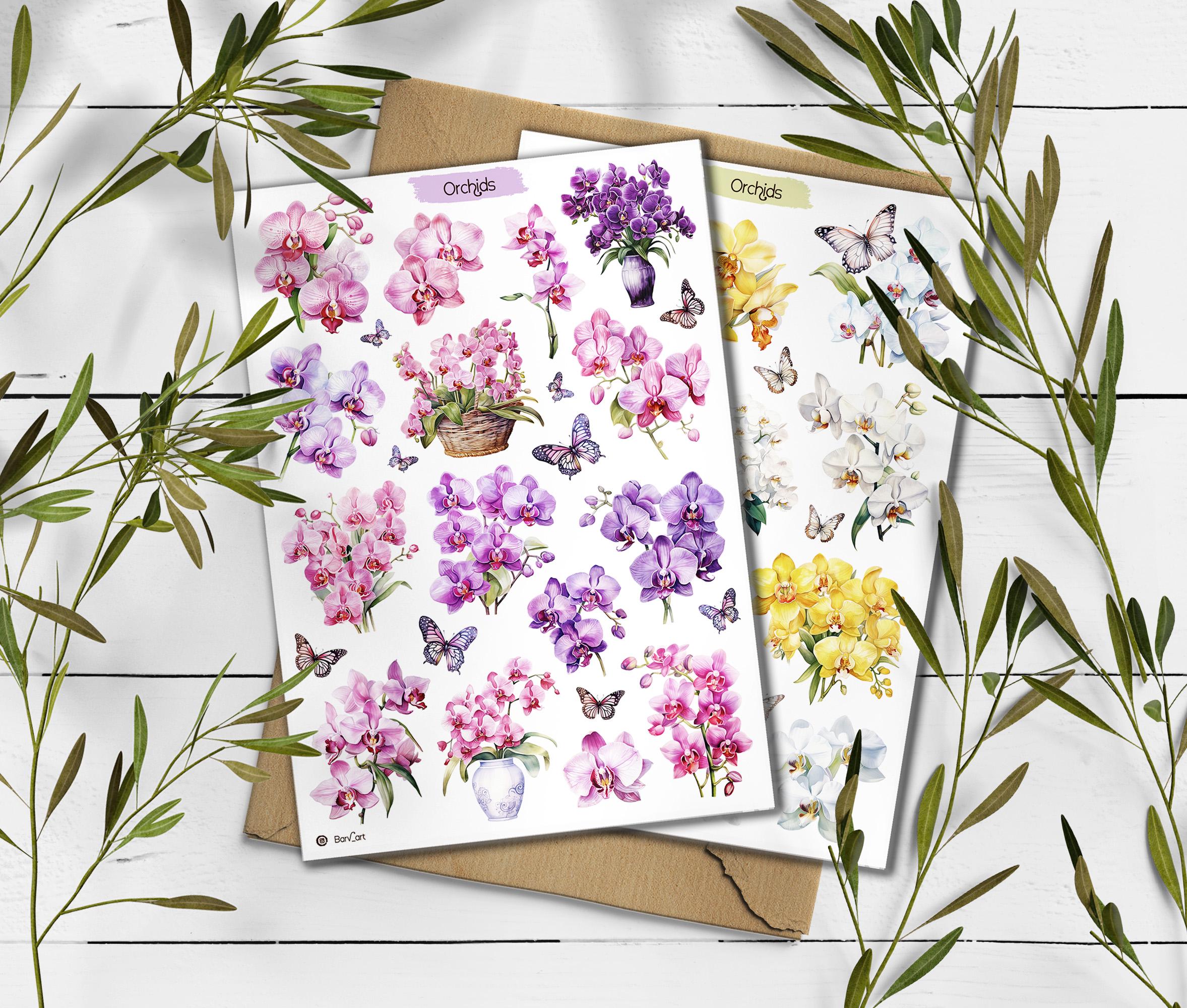 Watercolor Orchid Sticker Sheet: Floral Planner Stickers