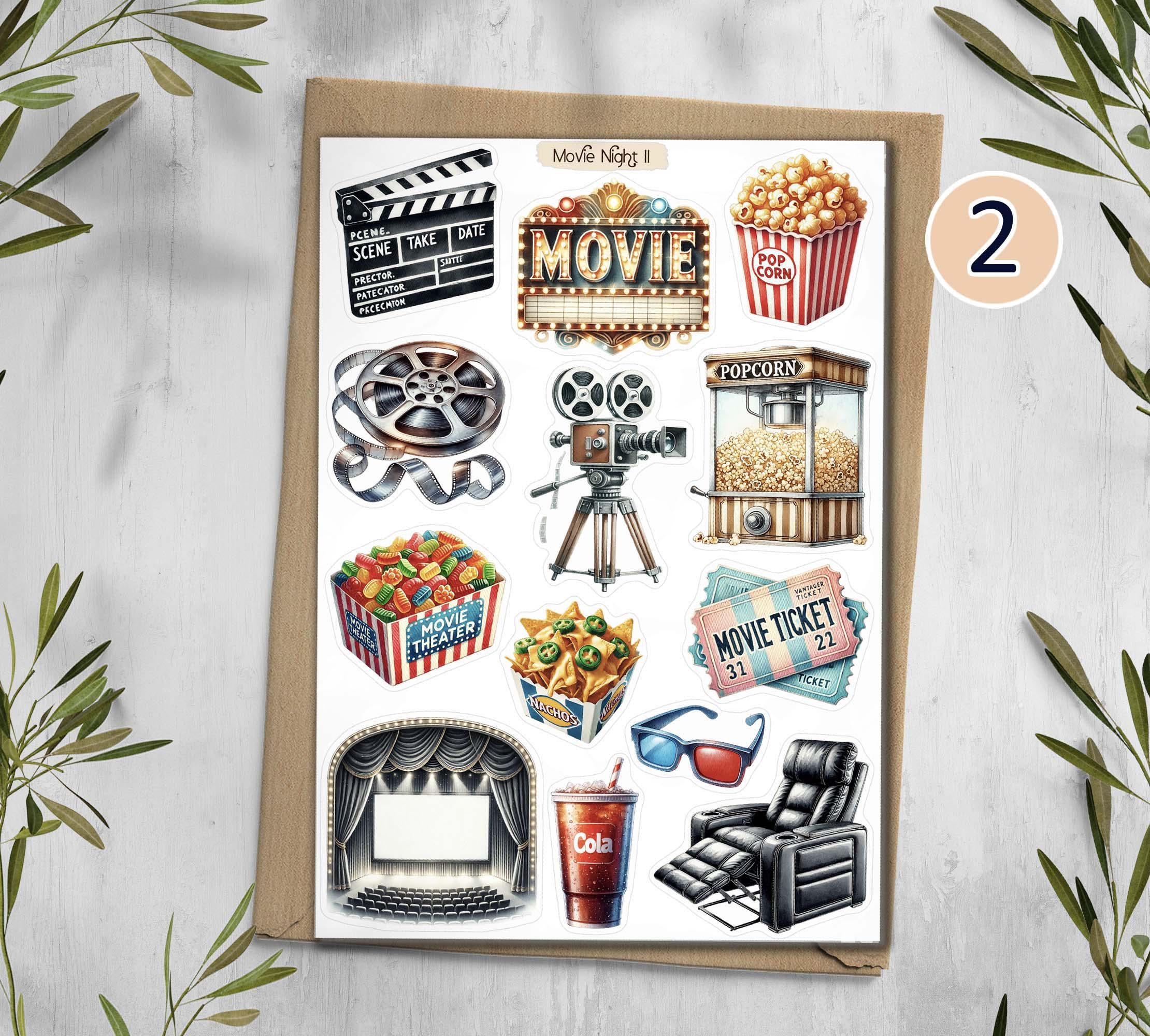 Movie Night Planner Stickers. Cinema Scrapbooking Stickers. Theatre Hobby Decals