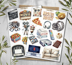 Movie Night Planner Stickers. Cinema Scrapbooking Stickers. Theatre Hobby Decals