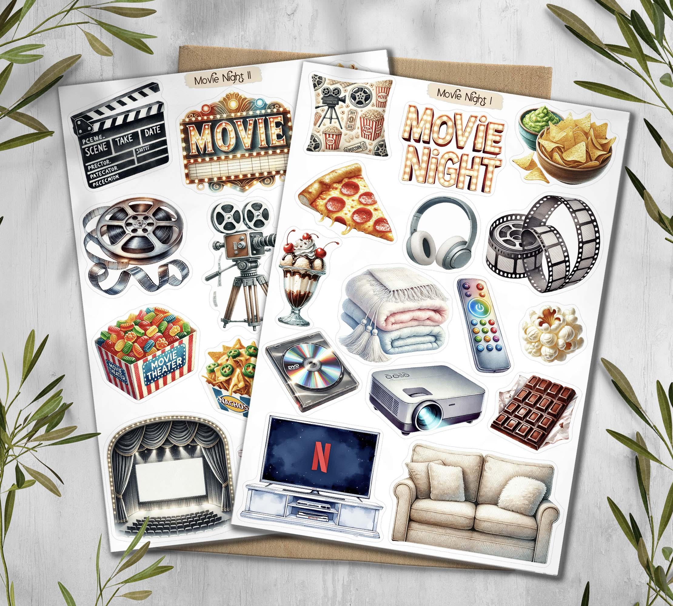 Movie Night Planner Stickers. Cinema Scrapbooking Stickers. Theatre Hobby Decals