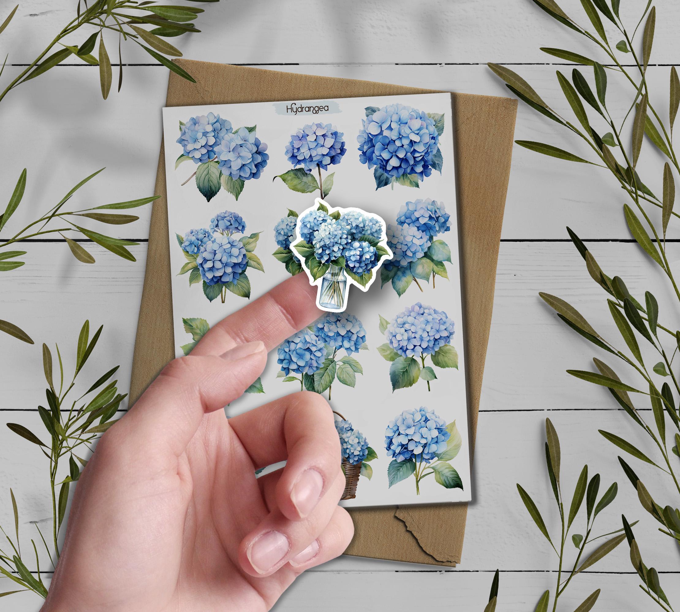Hydrangea stickers. White Hydrangea Stickers. Blue Hydrangea Flower Stickers. Summer Blossom Stickers. Bullet Journal. Garden Scrapbooking