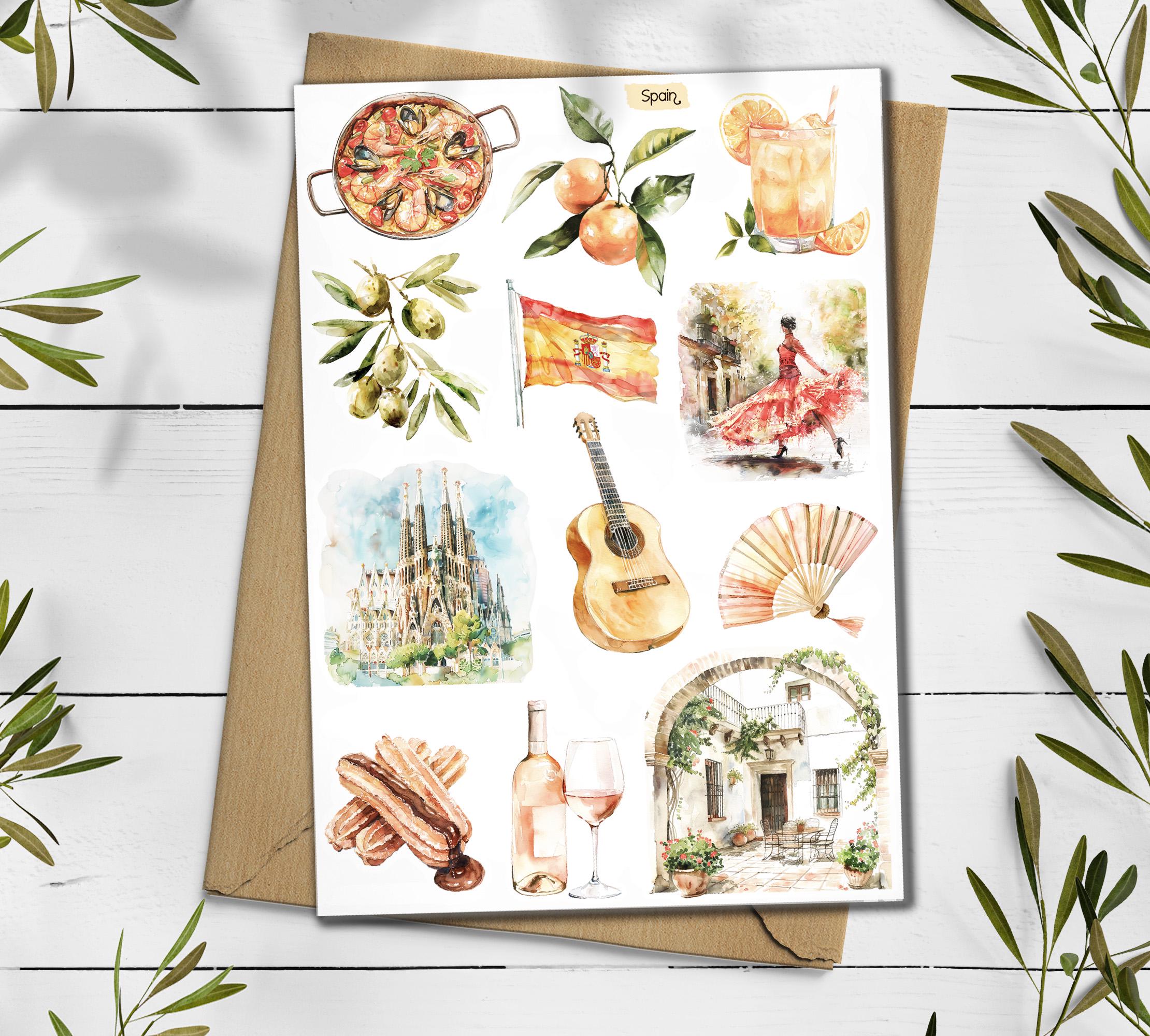 Spain Travel Stickers: Mediterranean Holiday, Scrapbook Planner