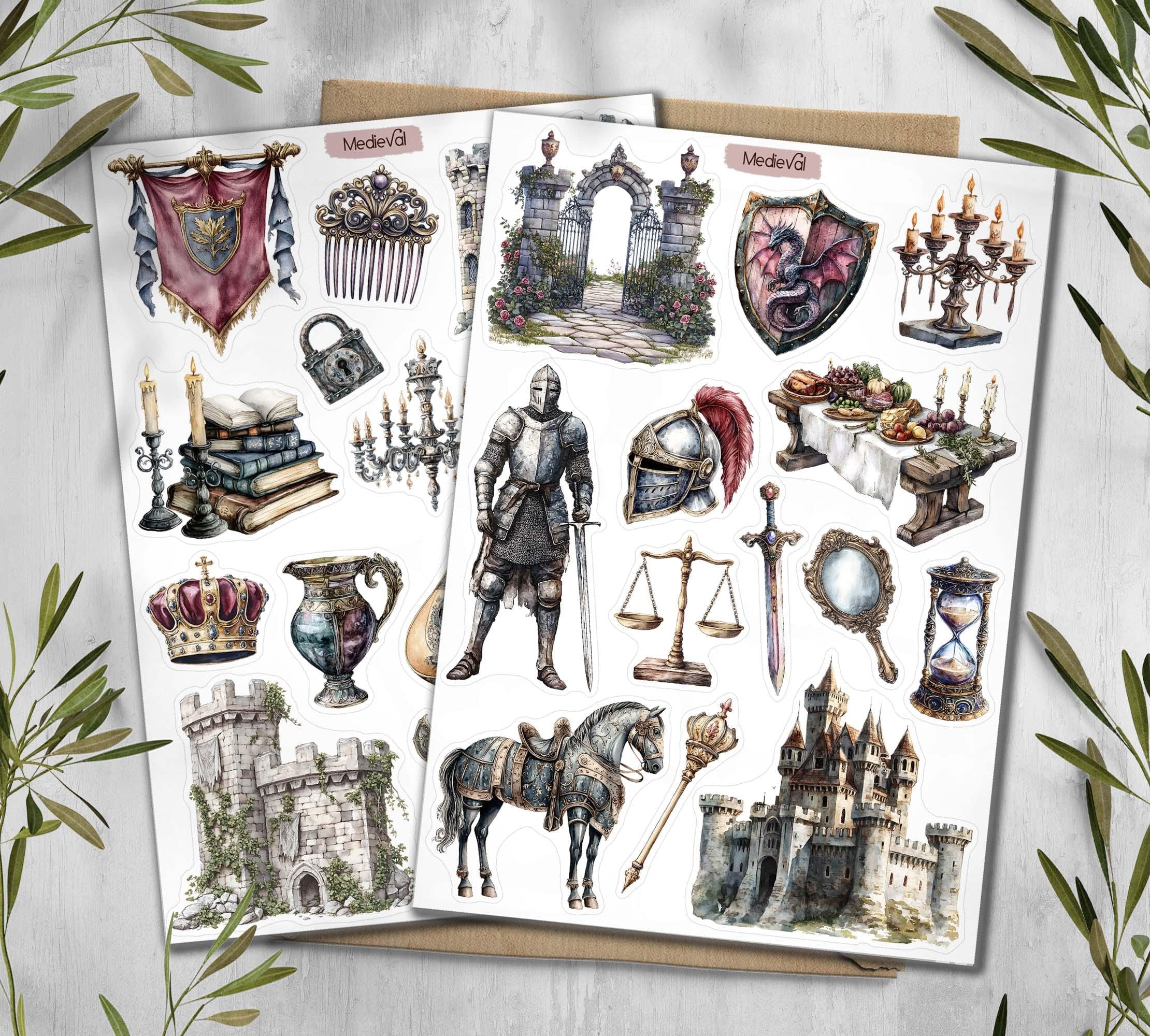 Medieval Witchcraft Stickers: Castlecore Scrapbook Decals. Knight stickers