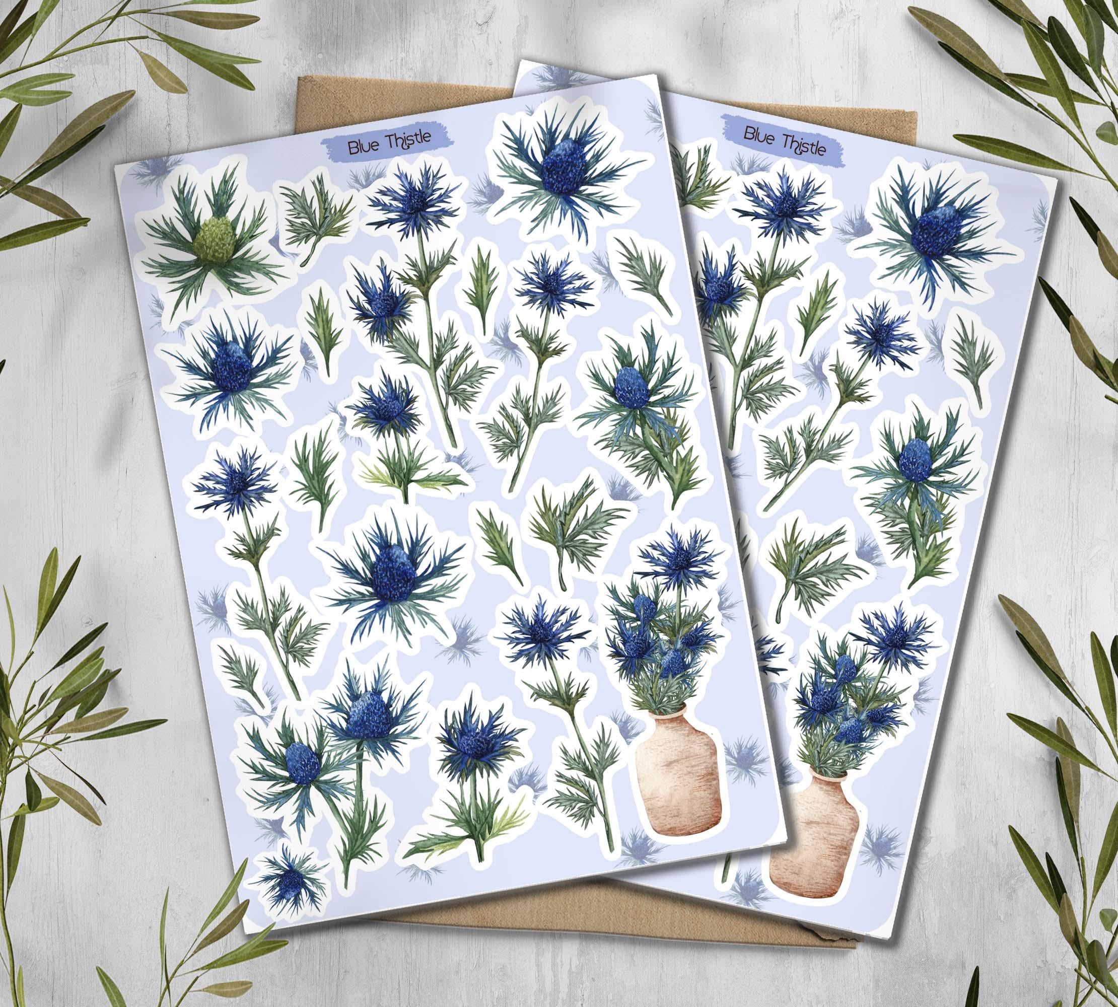 Blue Thistle Stickers. Globethistle Stickers. Thistle Flower Stickers. Planner, Journal, Scrapbooking