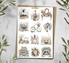 Vintage Floral Stickers: Books, Clock, Bike - Scrapbook Planner