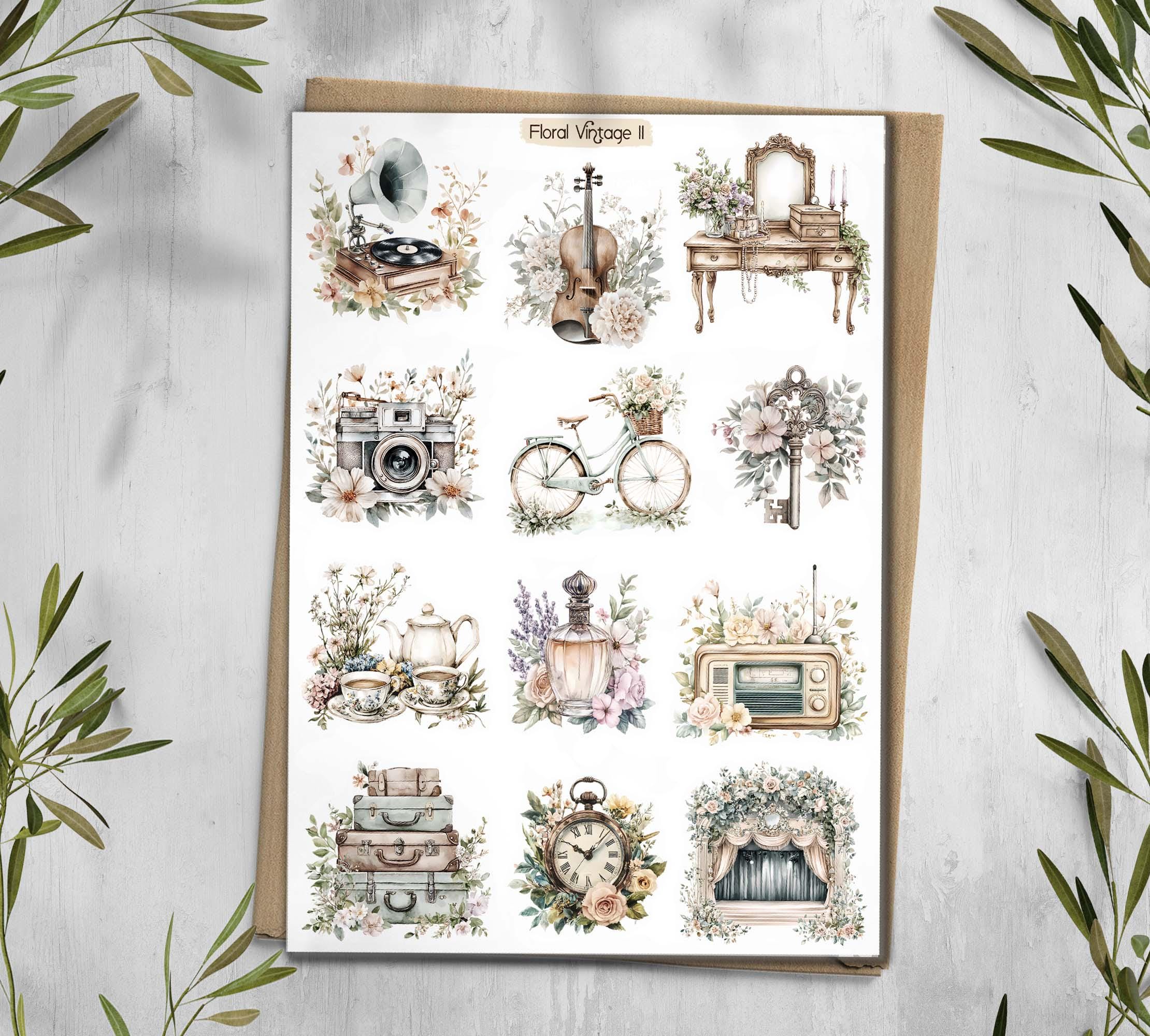 Vintage Floral Stickers: Books, Clock, Bike - Scrapbook Planner