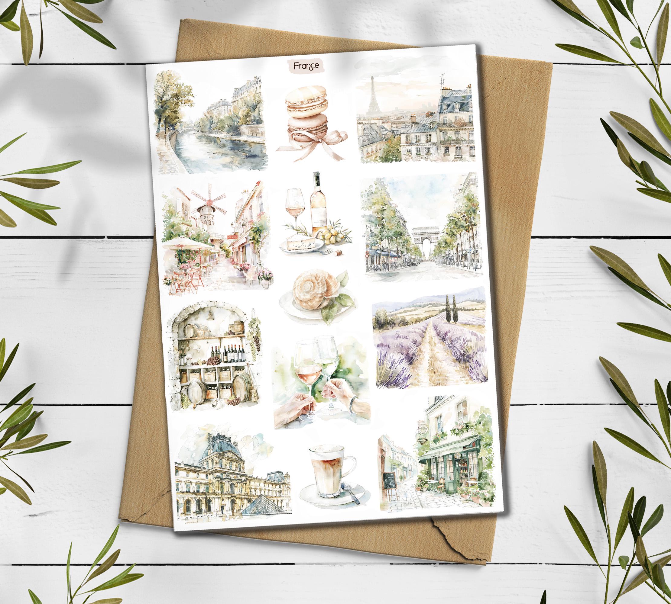 France Travel Sticker Sheet: Paris, Provence, Mediterranean