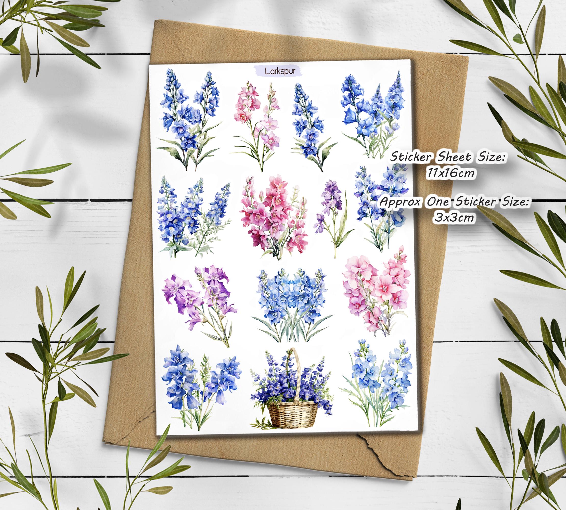 Larkspur Birth flower Stickers. Larkspur flowers Sticker. Wildflowers Sticker Pack. Delphinium Stickers. Blue Flower Sticker. Bullet Journal