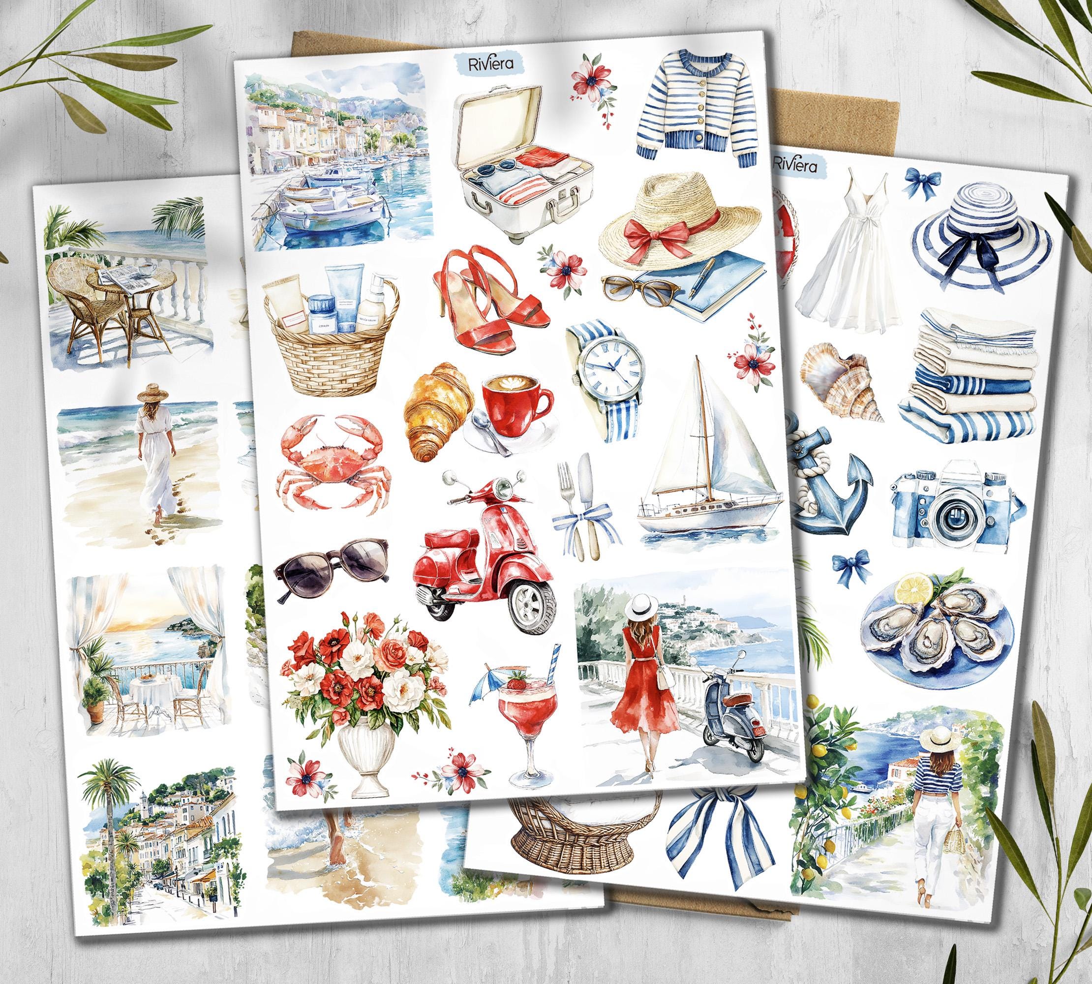 French Riviera Stickers. Summer Travel Scrapbook Stickers. Sea cost stickers