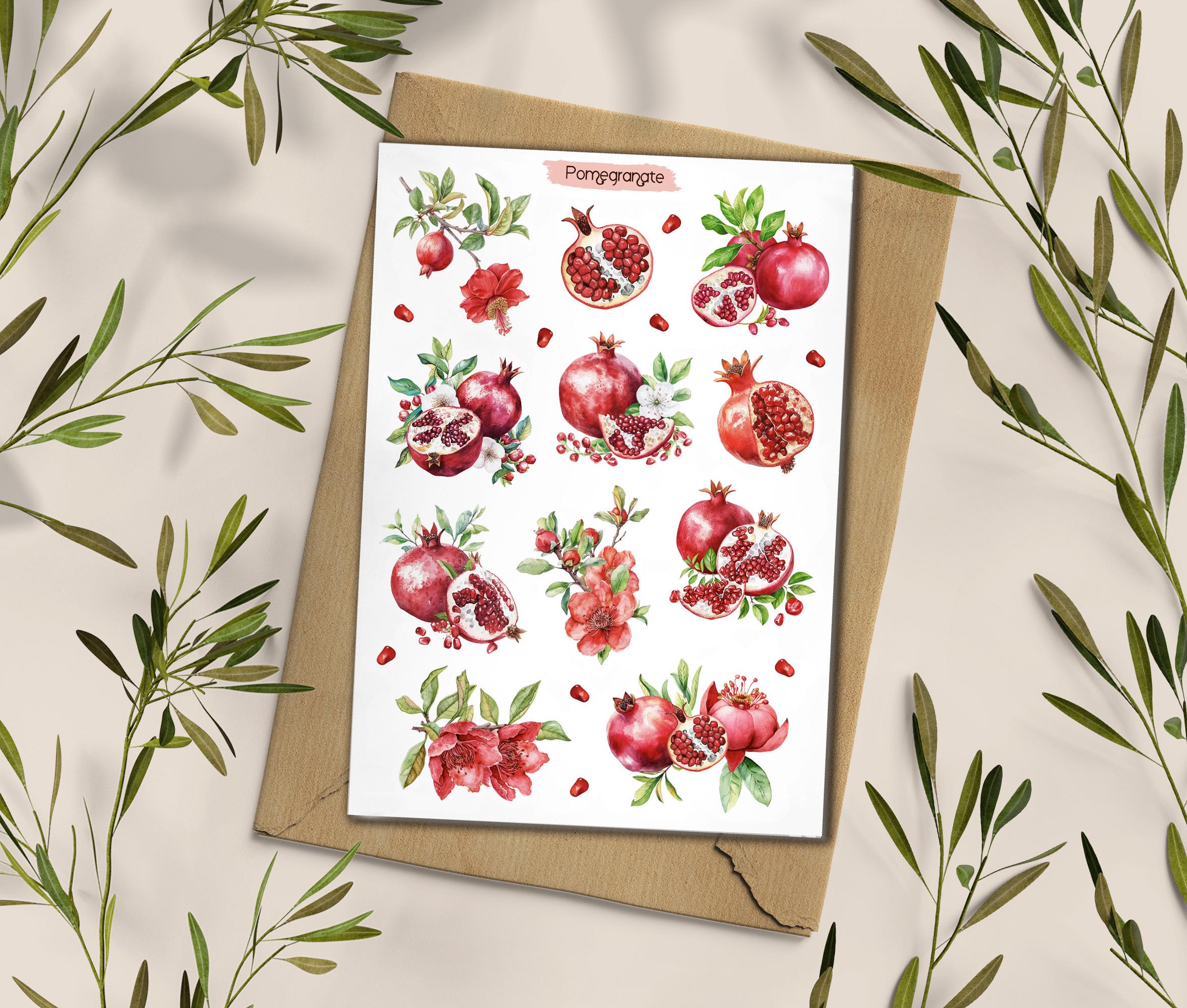 Pomegranate Sticker Sheet. Summer Fruit Stickers. Planner, Scrapbooking Stickers