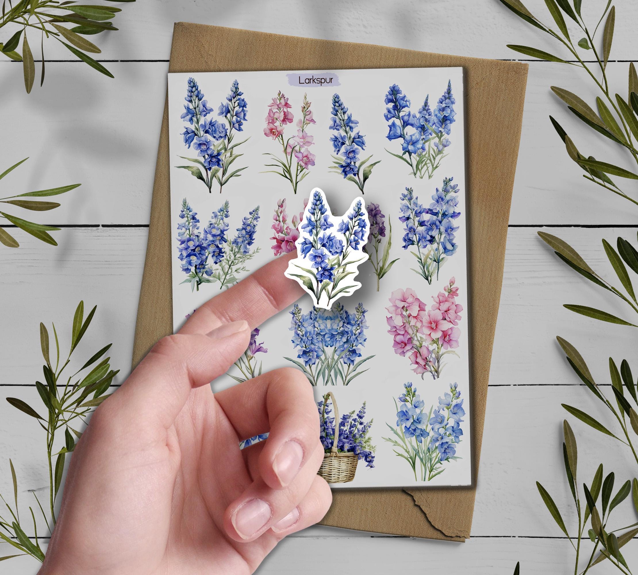 Larkspur Birth flower Stickers. Larkspur flowers Sticker. Wildflowers Sticker Pack. Delphinium Stickers. Blue Flower Sticker. Bullet Journal