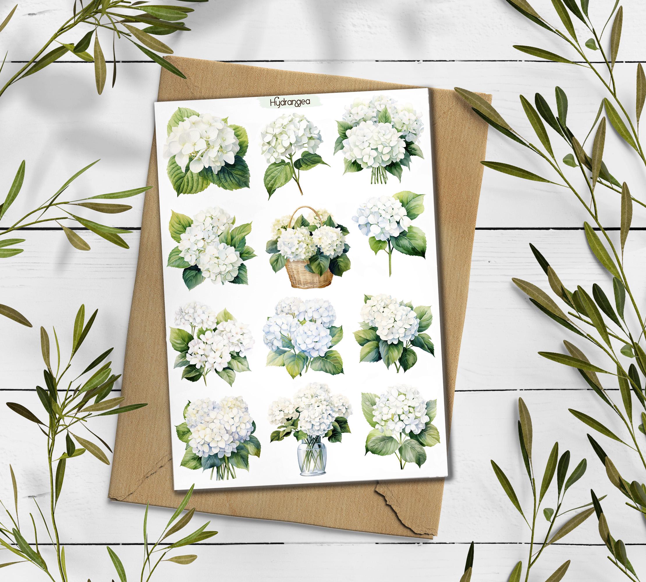 Hydrangea stickers. White Hydrangea Stickers. Blue Hydrangea Flower Stickers. Summer Blossom Stickers. Bullet Journal. Garden Scrapbooking