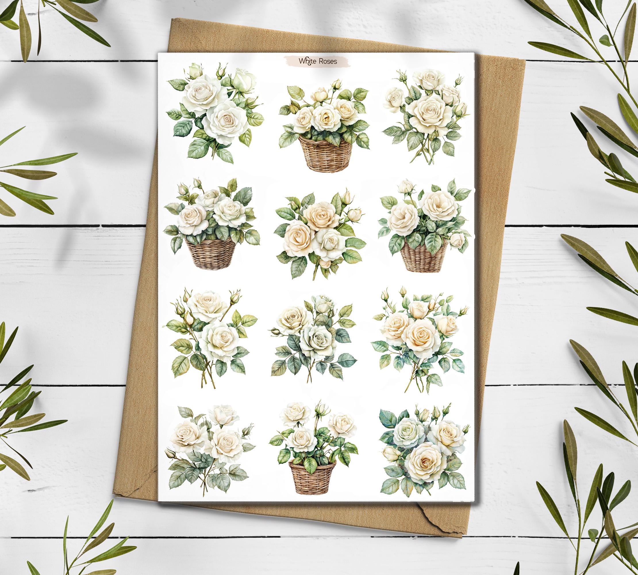 White Roses Sticker Pack: Floral Bouquet, Scrapbooking