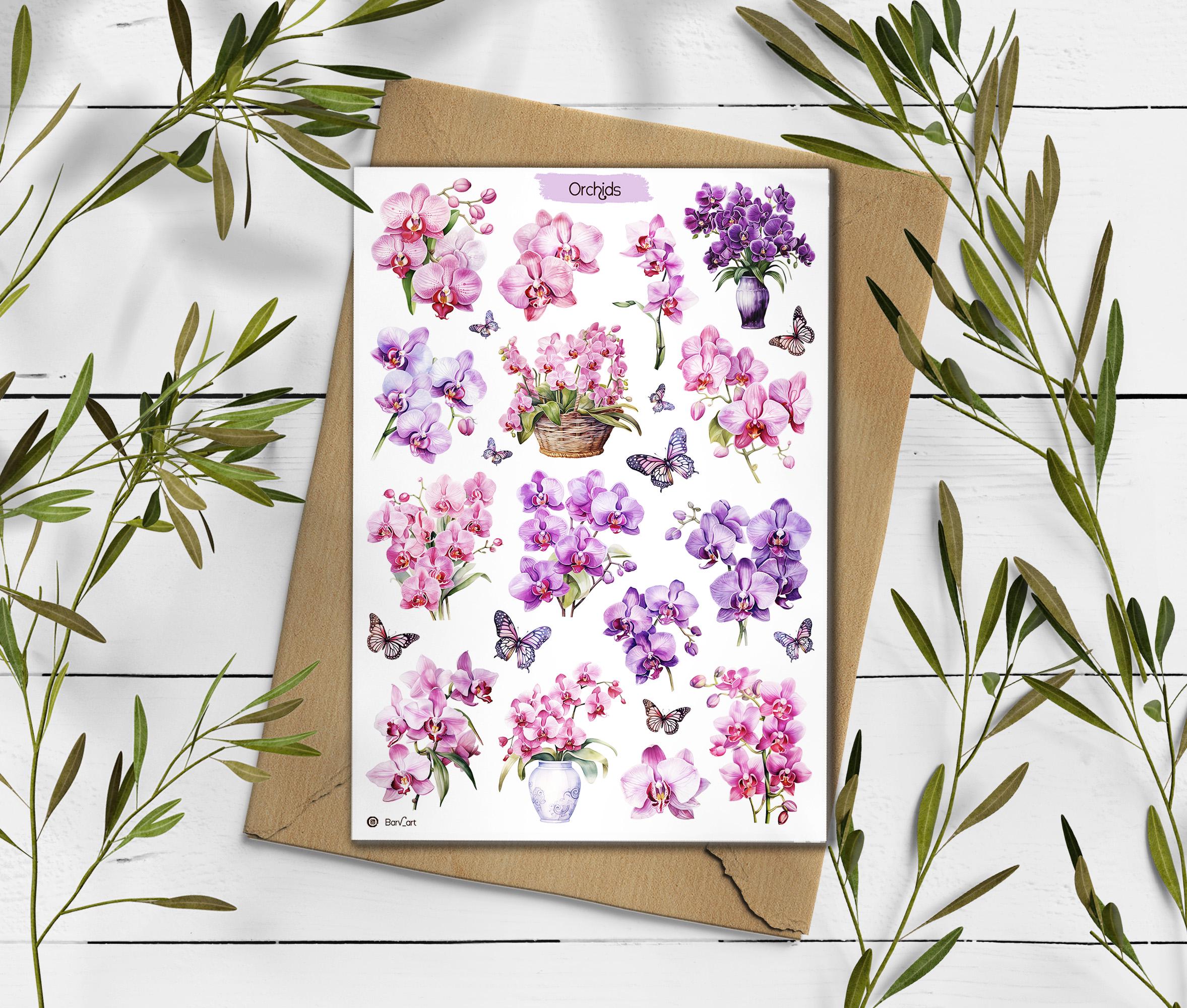 Watercolor Orchid Sticker Sheet: Floral Planner Stickers