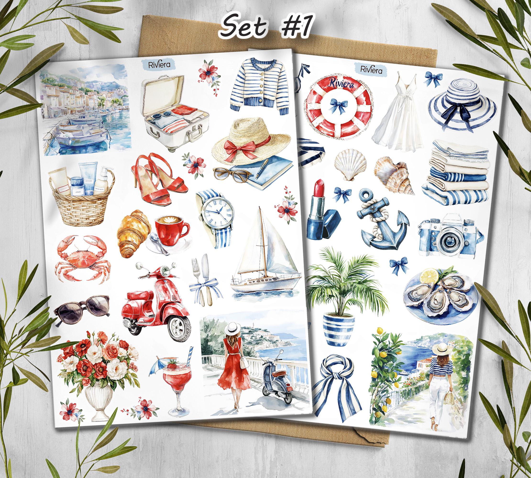French Riviera Stickers. Summer Travel Scrapbook Stickers. Sea cost stickers