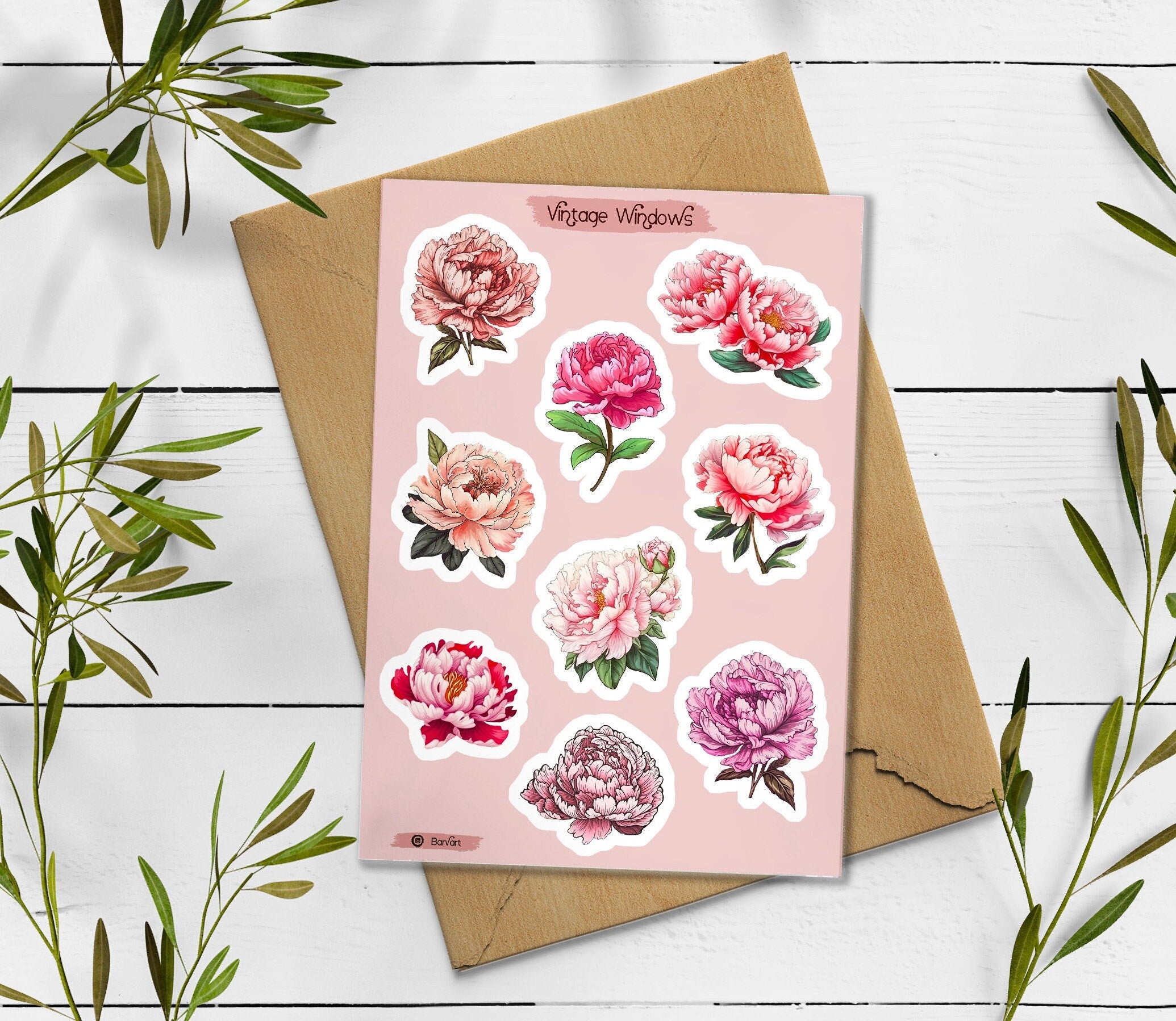 Peony Flower Stickers: Pink Blossom Bouquet, Planner Stickers