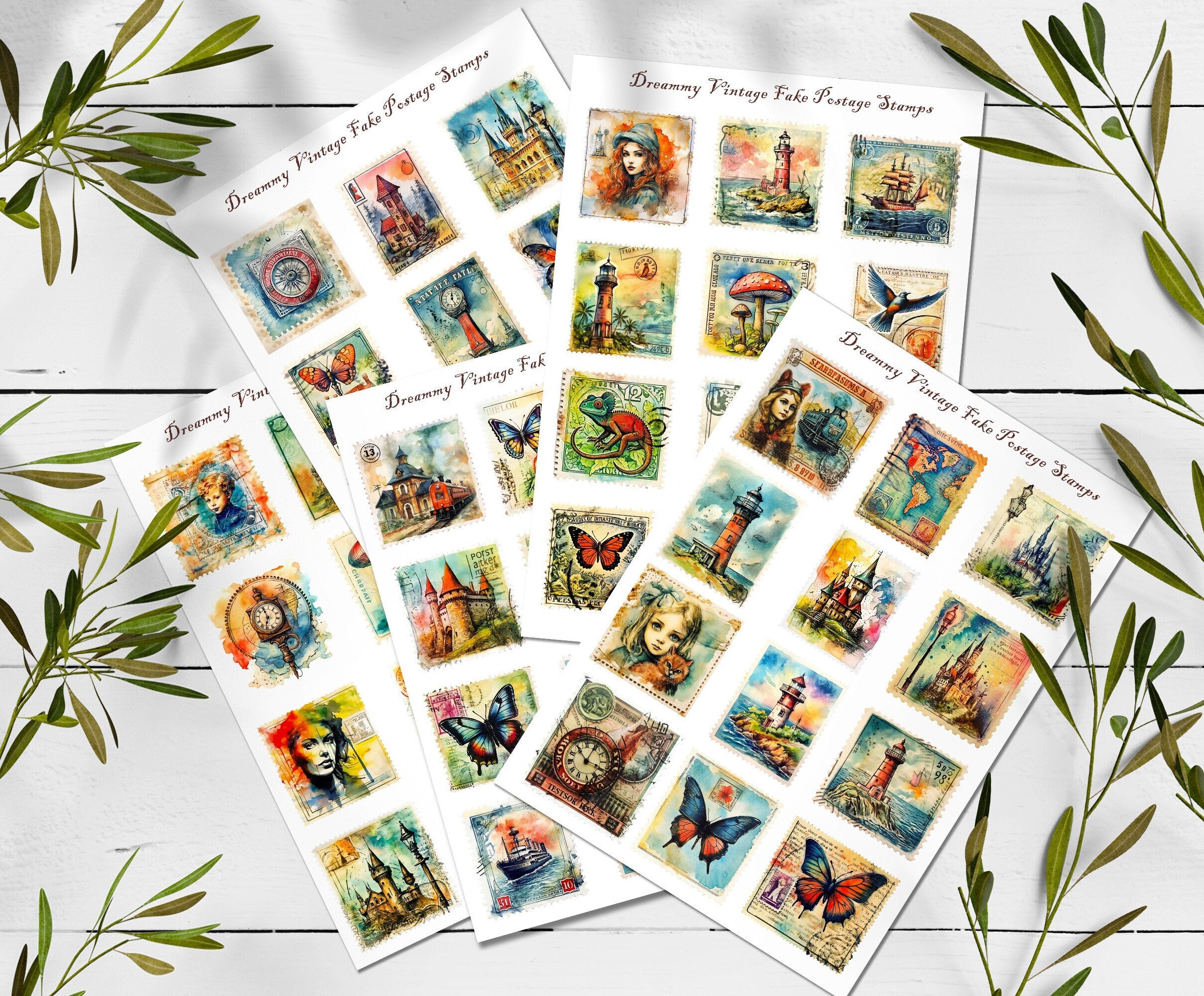 Vintage Style Stamp Stickers: Scrapbook Planner Stickers. Fake stamps stickers