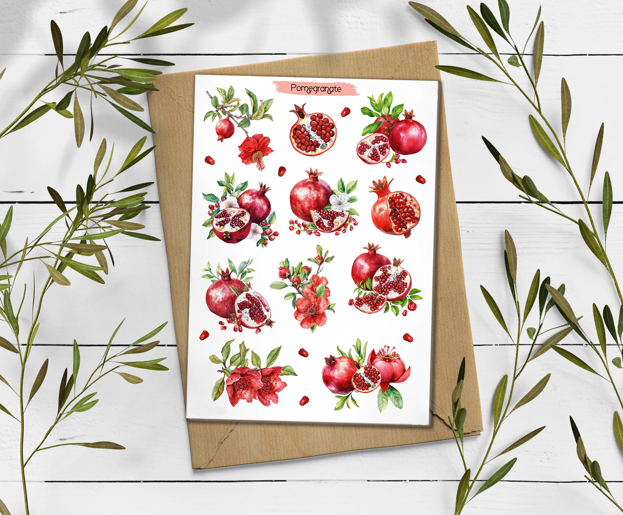 Pomegranate Sticker Sheet. Summer Fruit Stickers. Planner, Scrapbooking Stickers