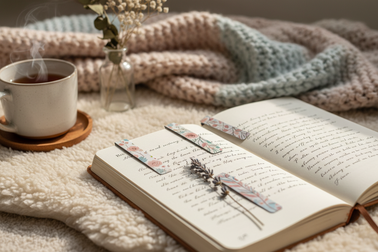 magnetic bookmarks in a cozy atmosphere, soft colours, journaling