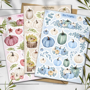 Pumpkin Stickers. Blue, Pink, White Pumpkin Fall Stickers