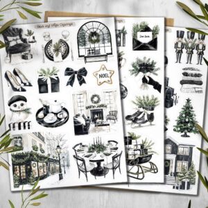 Black and White Christmas Stickers. Winter Holidays Stickers.